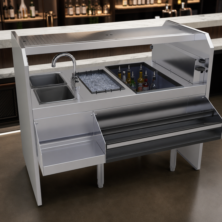 Product image #4 for Glastender PSA-54L 54-Inch Leftward Pass-Thru Cocktail Station with Ice Bin, 8-Bottle Insulated Storage Well and Dual Wet Waste Sinks