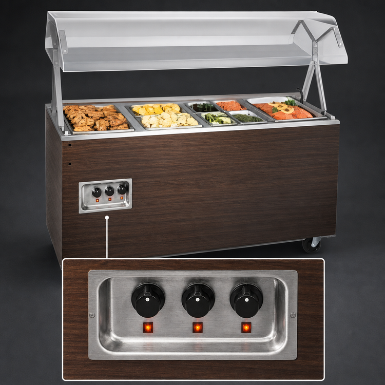 Product image #4 for Vollrath 2-Series Affordable Portable 3-Well Mobile Hot Food Station with Buffet Breath Guard and Lights, Enclosed Base with Storage Opening, Walnut Woodgrain