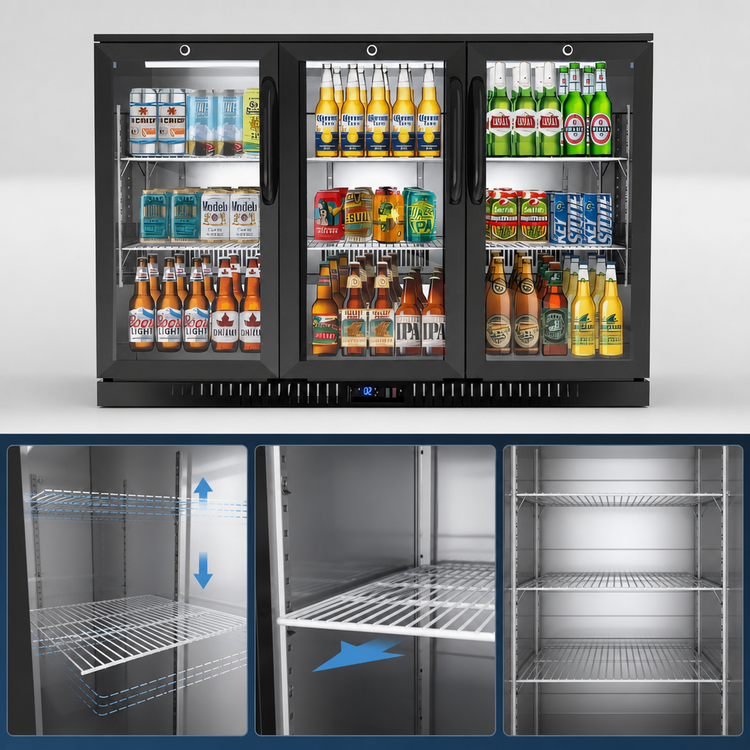 Product image #4 for KoolMore 53-Inch Three-Section Back Bar Refrigerator with 3 Glass Swing Doors, 11.3 Cu. Ft., Black