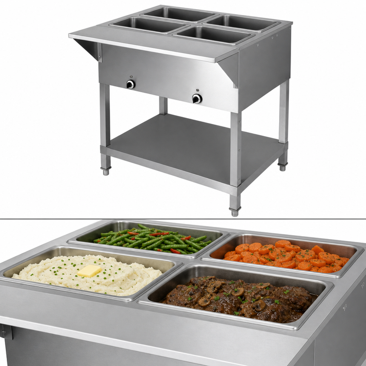 Product image #4 for Klinger's Trading SW4H208 4-Pan Sealed Well Electric Steam Table, Stationary Floor Model with Open Shelf Base