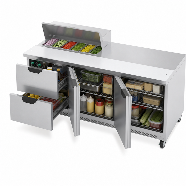 Product image #5 for Beverage-Air 72-Inch Three-Section Sandwich Top Refrigerated Prep Table with 8-Pan Opening, 2 Drawers, and 2 Doors
