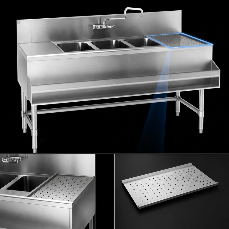 Product image #4 for Spec-Bar Three-Compartment Underbar Sink Unit with Right Drainboard, 72 x 19 Inch, 304 Stainless Steel