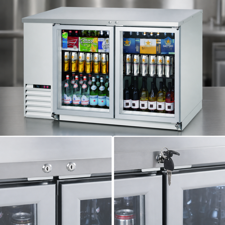Product image #4 for Everest Refrigeration Two-Section Back Bar Refrigerator with Glass Hinged Locking Doors, 57-3/4 Inch, Stainless Steel