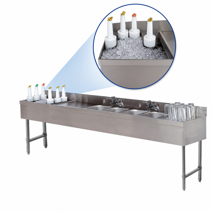Product image #4 for Underbar Basics 96-Inch Stainless Steel 4-Compartment Bar Sink and Ice Bin Combo with Left Ice Bin