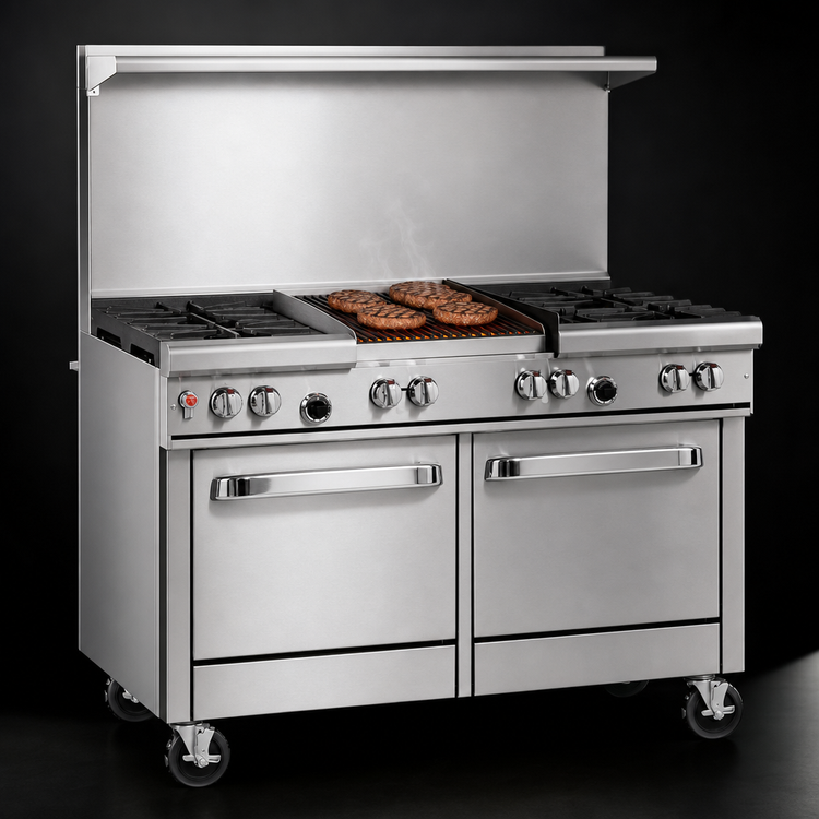 Product image #4 for Southbend Ultimate 48-Inch Commercial Gas Restaurant Range with 4 Open Burners, 24-Inch Charbroiler, Convection Oven, and Cabinet Base