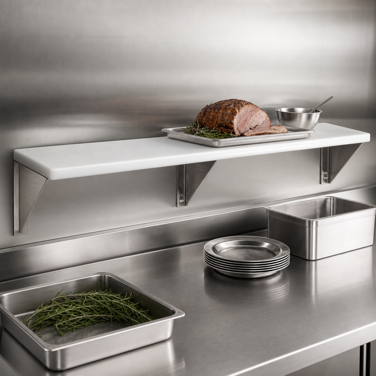 Product image #4 for Advance Tabco Triumph Supreme 93-1/16" Stainless Steel Carving Station Shelf with Removable White Poly Cutting Board