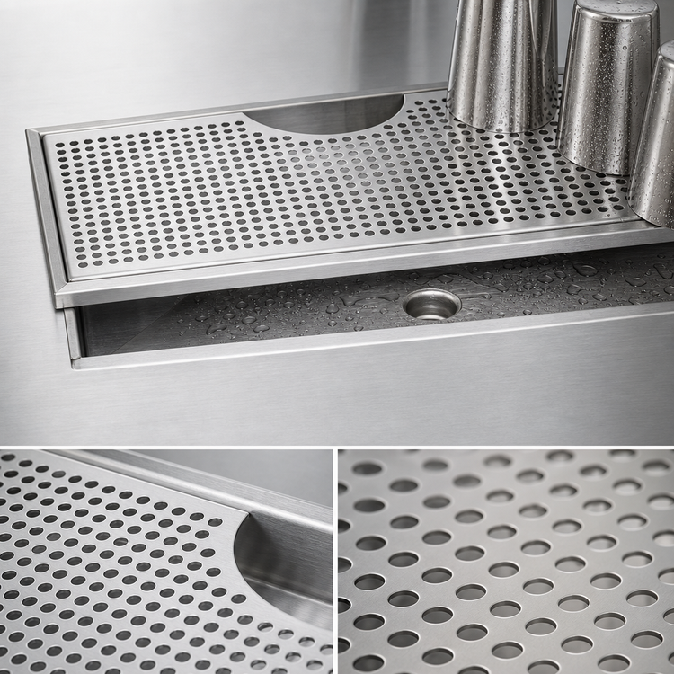 Product image #4 for 18 Inch x 9 Inch Surface Mount Stainless Steel Drip Tray Trough with Perforated Screen and 1/2 Inch Drain