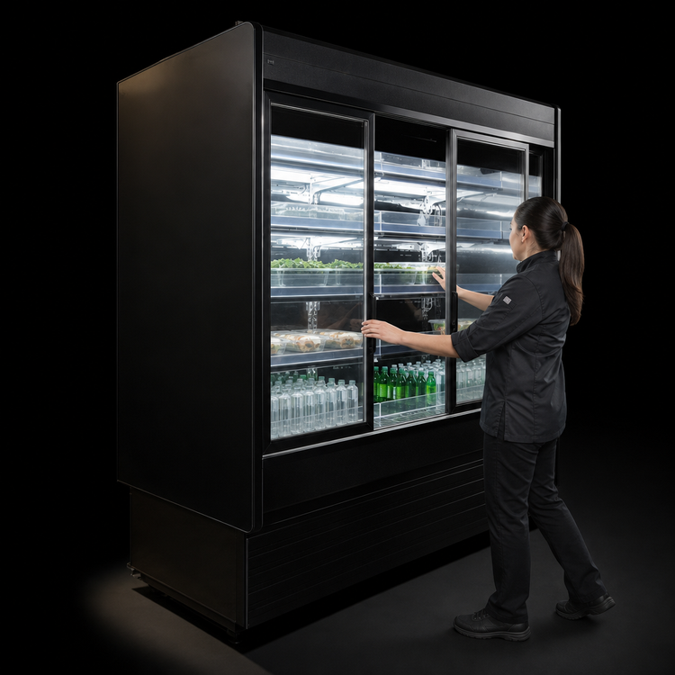 Product image #4 for Howard-McCray 35E Series 75-Inch Self-Contained Open-Air Merchandiser with Sliding Rear Doors, LED Lighting, and 4 Rows of Shelves