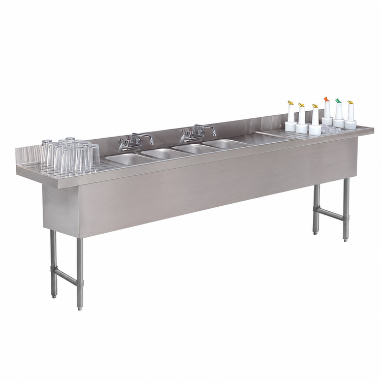 Product image #4 for Advance Tabco Underbar Basics 96-Inch Stainless Steel 4-Compartment Bar Sink and Ice Bin Combo, Right Ice Bin