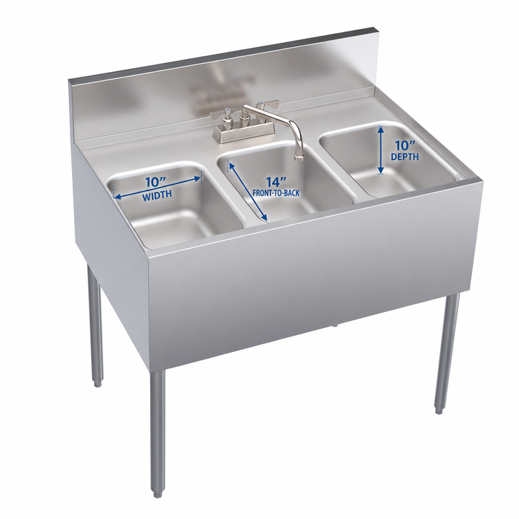 Product image #4 for Krowne Royal Series Three-Compartment Underbar Sink Unit with Deck-Mount Swing-Spout Faucet, 36 x 24 Inches