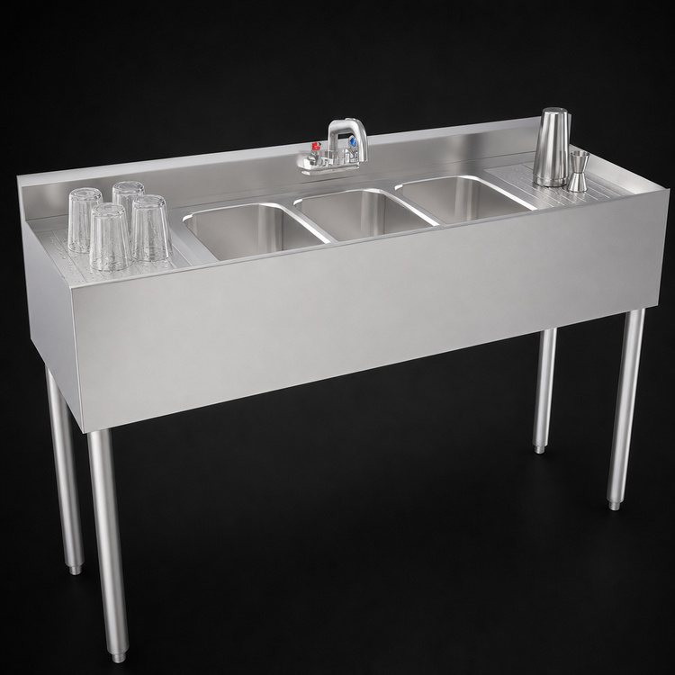 Product image #4 for Krowne Silver Series Three-Compartment Underbar Bar Sink with Left and Right Drainboards, 60-Inch W x 18.5-Inch D