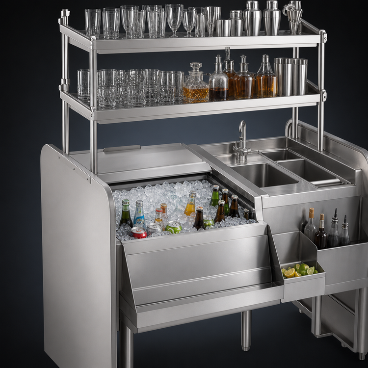 Product image #4 for Top Shelf 54-Inch Pass-Thru Underbar Ice Bin/Cocktail Station with Dual Right Sinks and Overshelves