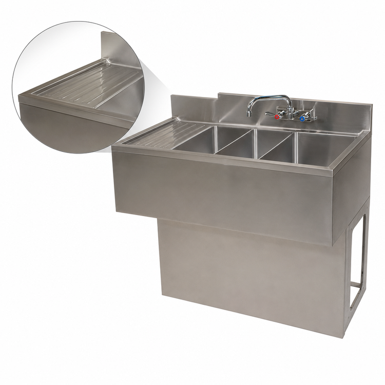 Product image #5 for BK Resources Slim-Line 3-Compartment Stainless Steel Underbar Sink with Left Drainboard and Pedestal Base, 48-Inch
