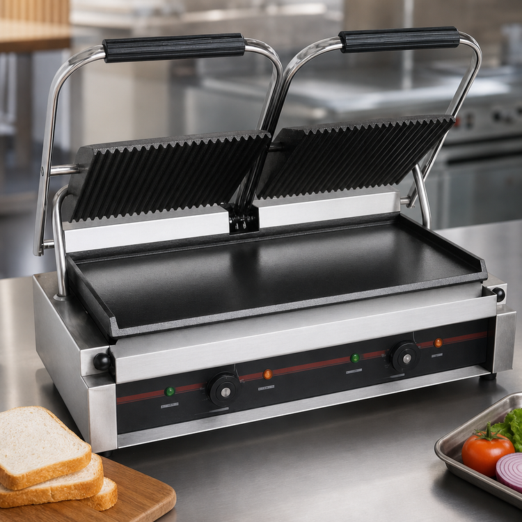 Product image #4 for Serv-Ware Double Countertop Electric Panini Grill with Grooved Top and Flat Bottom