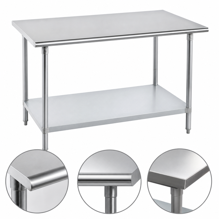 Product image #4 for Advance Tabco 144"W x 36"D 14-Gauge 304 Stainless Steel Flat Top Work Table with Adjustable Galvanized Undershelf and Legs