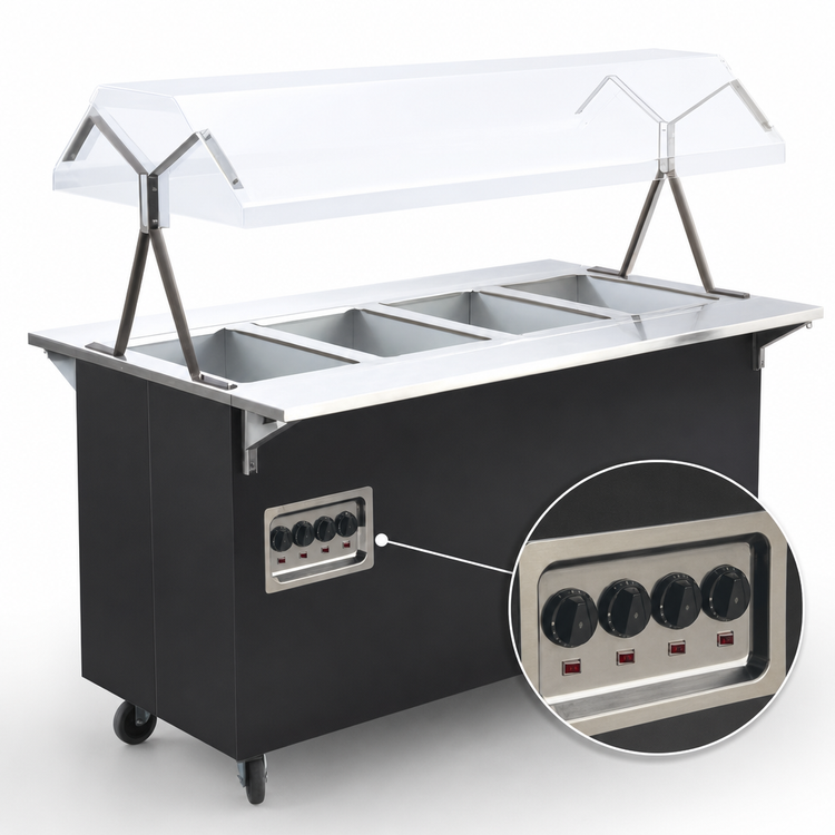 Product image #4 for Vollrath 2-Series Affordable Portable 4-Well Mobile Hot Food Station with Buffet Breath Guard and Lights, Black