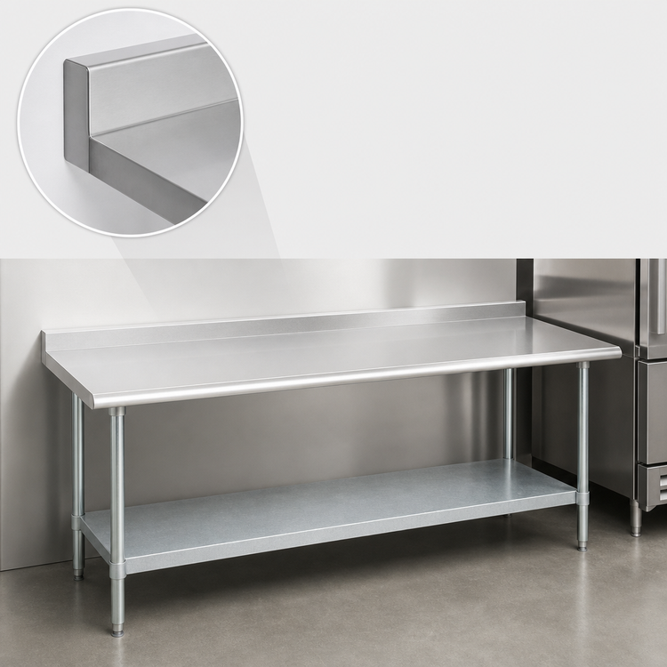 Product image #4 for Duke 84-Inch x 30-Inch 16-Gauge 300 Series Stainless Steel Work Table with 1-1/8-Inch Riser and Galvanized Undershelf