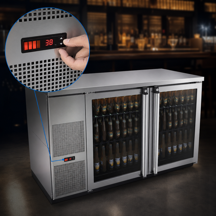 Product image #4 for Pro-Line E-Series 59-1/2 Inch Stainless Steel Two-Section Refrigerated Back Bar Cabinet with Glass Doors