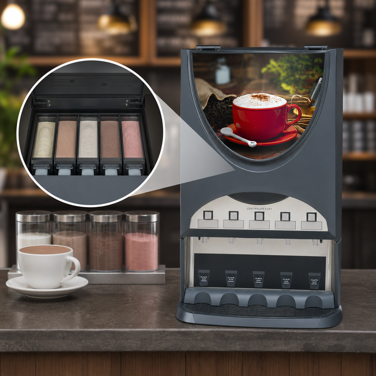 Product image #4 for BUNN iMIX-5S+ Silver Series Top Hinge Powder Beverage Dispenser with 5 Hoppers and 7-Gallon Hot Water Tank