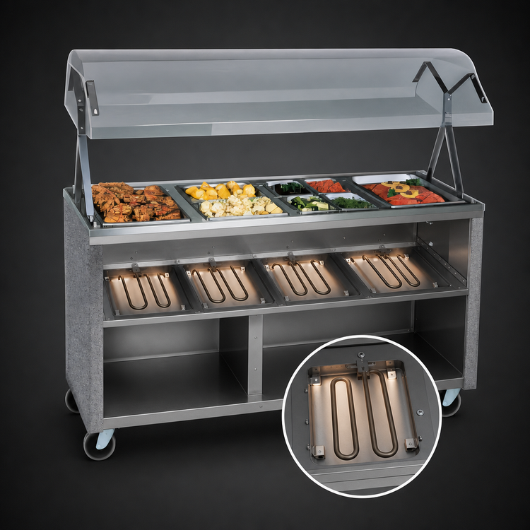 Product image #4 for Vollrath 2-Series Affordable Portable 4-Well Mobile Hot Food Station with Buffet Breath Guard and Lights, Open Storage Base