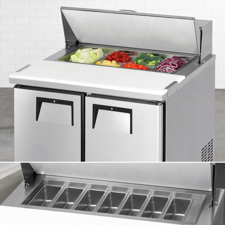 Product image #4 for Everest Refrigeration 35-5/8-Inch Wide Two-Section Sandwich Prep Table with Rear-Mounted Self-Contained Refrigeration, 10 Cu. Ft., 8-Pan Top