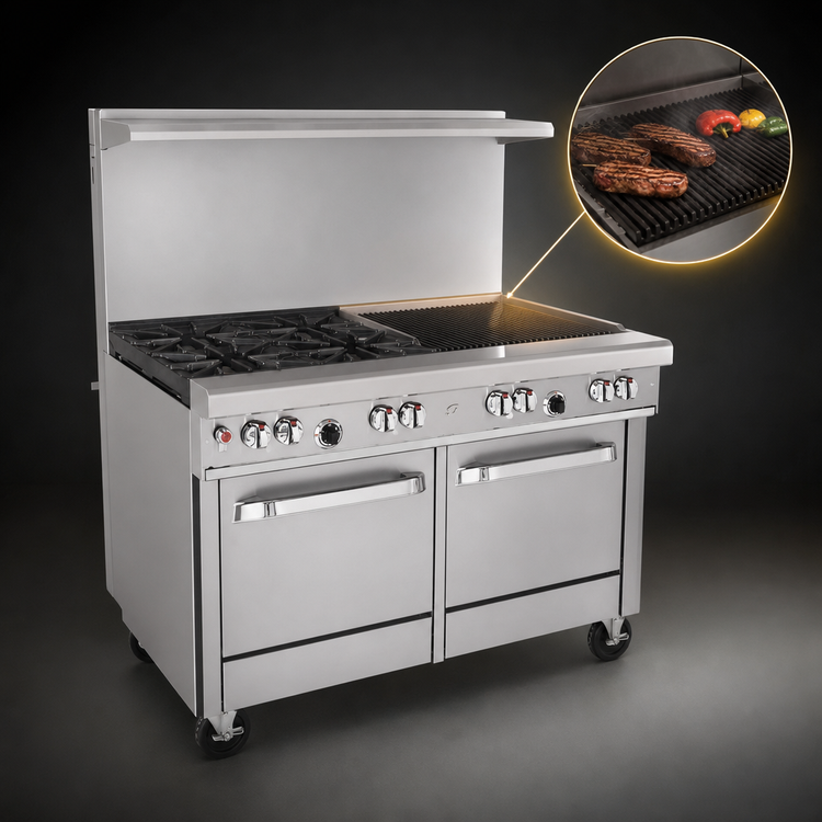 Product image #4 for Southbend Ultimate 48-Inch Commercial Gas Restaurant Range with 2 Open Burners, 36-Inch Charbroiler, and 2 Space Saver Ovens