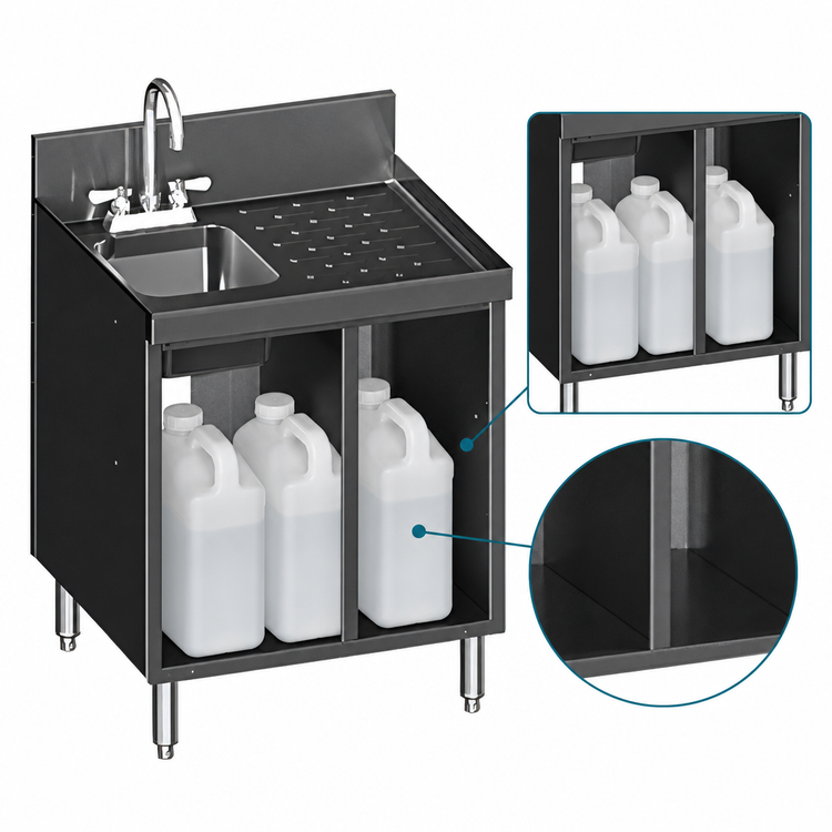 Product image #4 for CHOICE 24-Inch Stainless Steel Underbar Hand & Dump Sink Cabinet with Right Drainboard and Chemical Storage