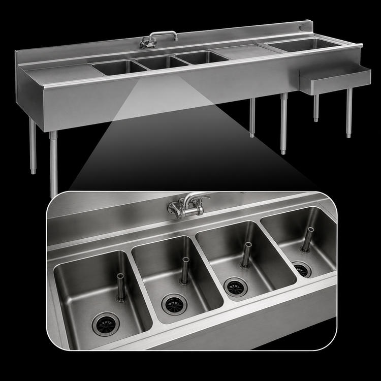 Product image #4 for Eagle 2200 Series 10-Foot Underbar 4-Compartment Combination Unit with Dual Ice Bins, Drainboards and Faucets