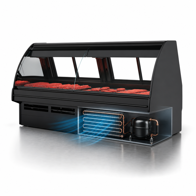 Product image #4 for Fusion® Refrigerated Full-Service Display Case with Curved Lift-Up Front Glass and Rear Sliding Doors