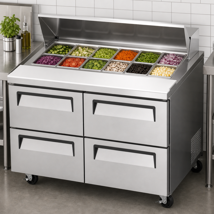 Product image #4 for Turbo Air Super Deluxe 48-Inch Two-Section Refrigerated Sandwich/Salad Prep Table with 4 Drawers