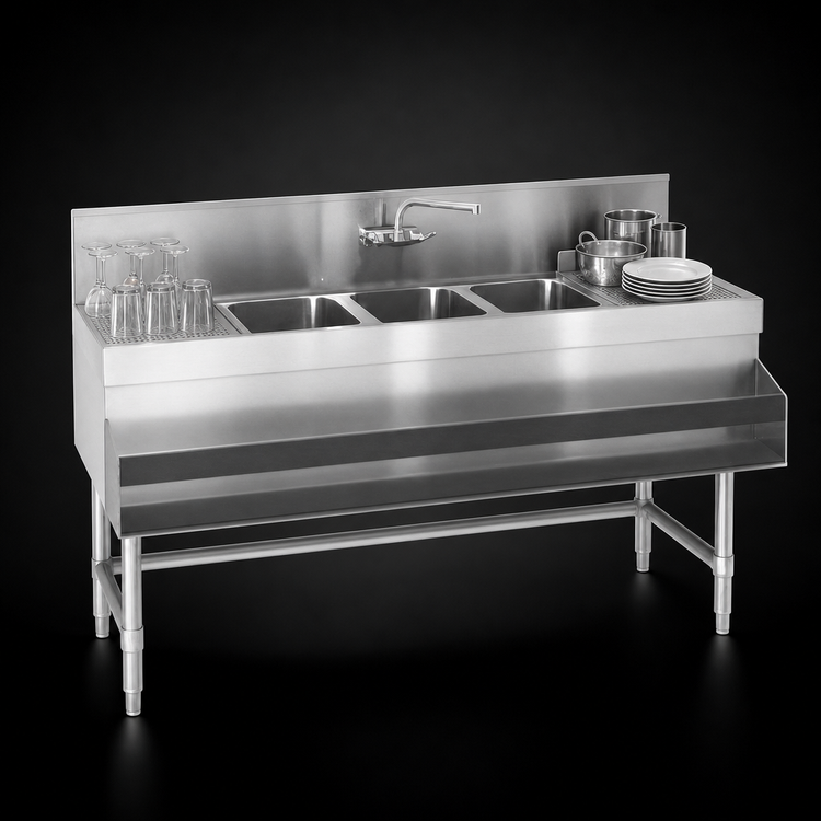Product image #4 for Eagle Group Spec-Bar 3-Compartment Underbar Sink Unit with Left & Right Drainboards, 72 x 24 x 37 Inches