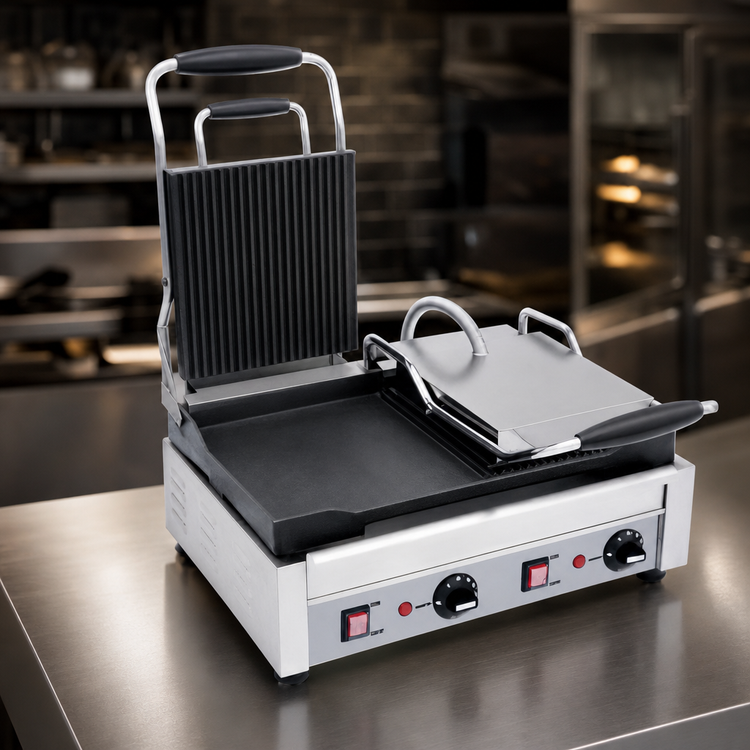 Product image #4 for Eurodib Commercial Double Countertop Electric Panini Grill with Left Flat and Right Ribbed Cast Iron Plates