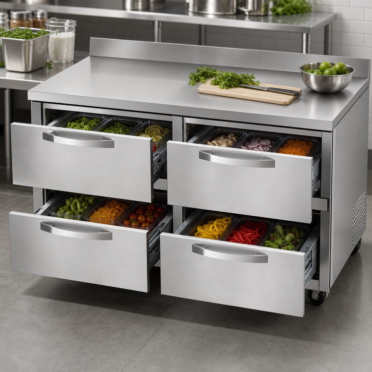 Product image #4 for True SPEC SERIES Two-Section 60-Inch Stainless Steel Worktop Refrigerator with 4 Drawers and Rear-Mounted Self-Contained Refrigeration