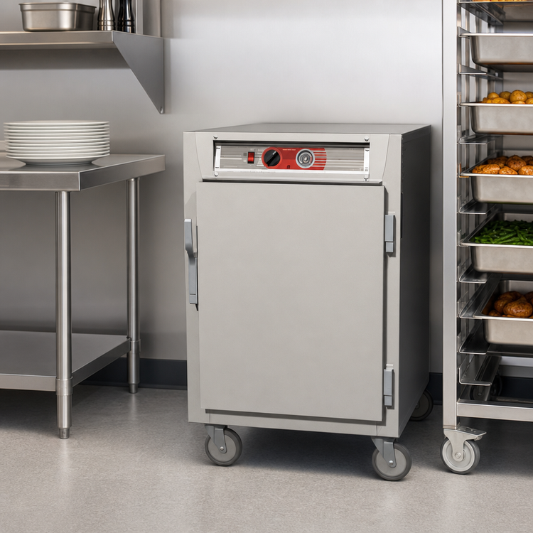 Product image #4 for Metro C5 6 Series Mobile Half-Height Pass-Thru Heated Holding Cabinet with Solid Doors and Universal Wire Slides