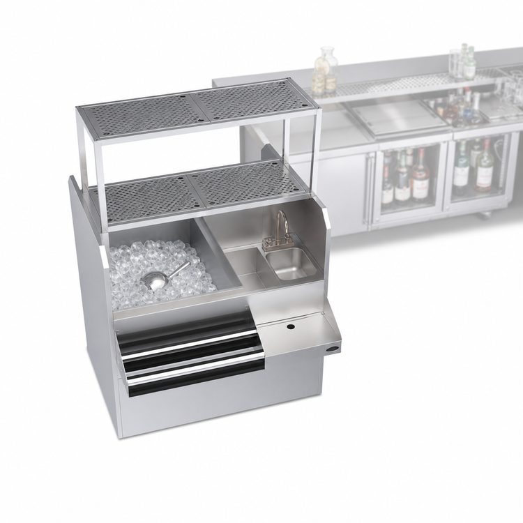 Product image #5 for Krowne Royal Series 42-Inch Pass-Thru Underbar Ice Bin/Cocktail Station with Left Ice Bin, 10-Circuit Cold Plate, Double Speed Rail, and Blender Shelf