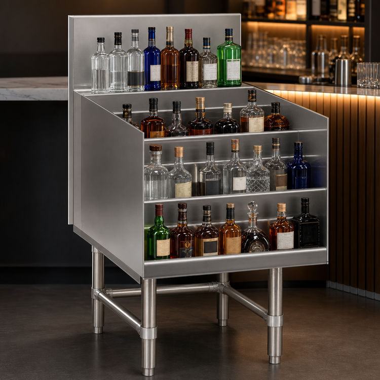 Product image #4 for Eagle Spec-Bar 30 Inch Wide x 24 Inch Deep Freestanding Liquor Bottle Display Unit, 4-Level Open Step-and-Rail, 304 Stainless Steel