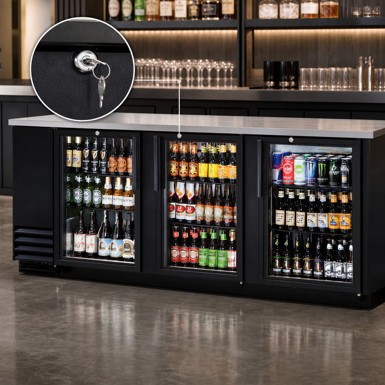 Product image #4 for True TBB-4G-HC-LD Three-Section Back Bar Cooler with 3 Locking Glass Doors and Left-Mounted Condensing Unit