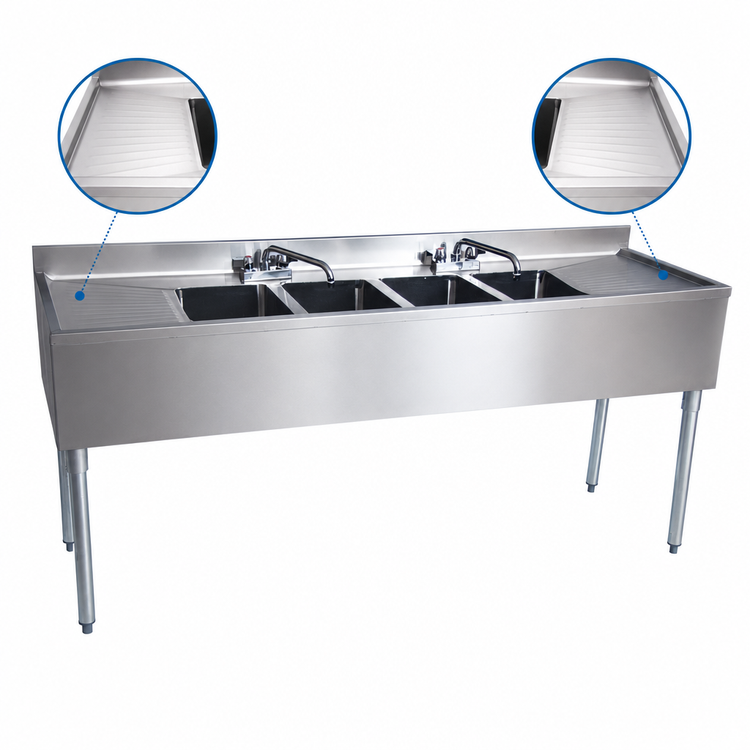Product image #4 for BK Resources Slim-Line 4-Compartment Underbar Sink with Dual Drainboards and Faucets, 72 Inch Wide
