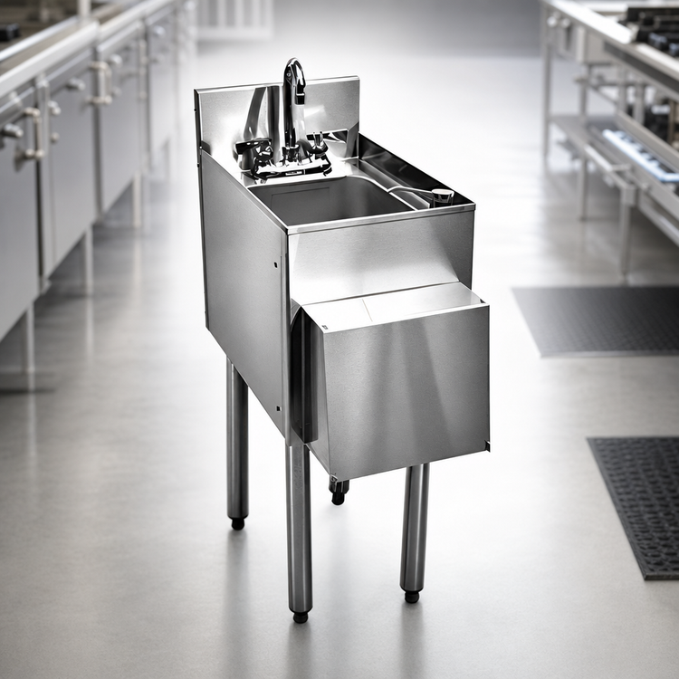Product image #4 for Choice Free-Standing Underbar Hand Sink Unit with Gooseneck Faucet, Soap Dispenser & Towel Dispenser, 12-Inch Wide