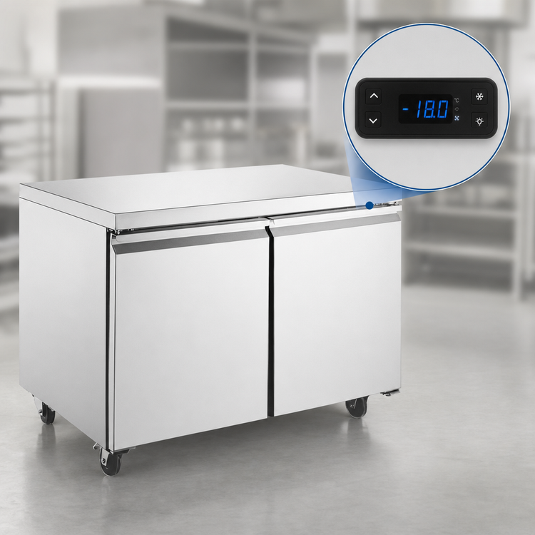 Product image #4 for Omcan 8.7 Cu. Ft. Two-Section Undercounter Reach-In Freezer with Rear-Mount Self-Contained Refrigeration