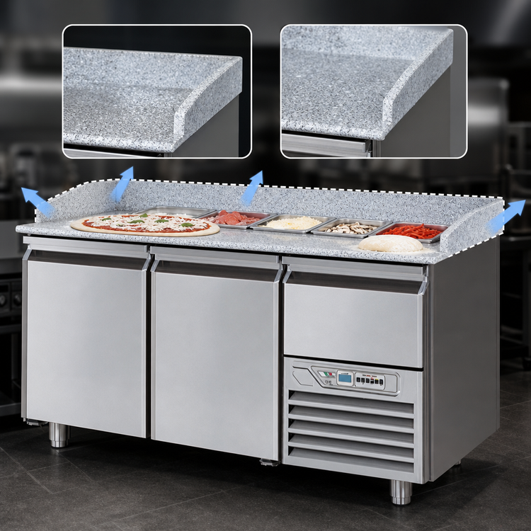 Product image #4 for 65.5-Inch Wide Two-Section Refrigerated Pizza Prep Table with Granite Work Surface and Self-Closing Doors