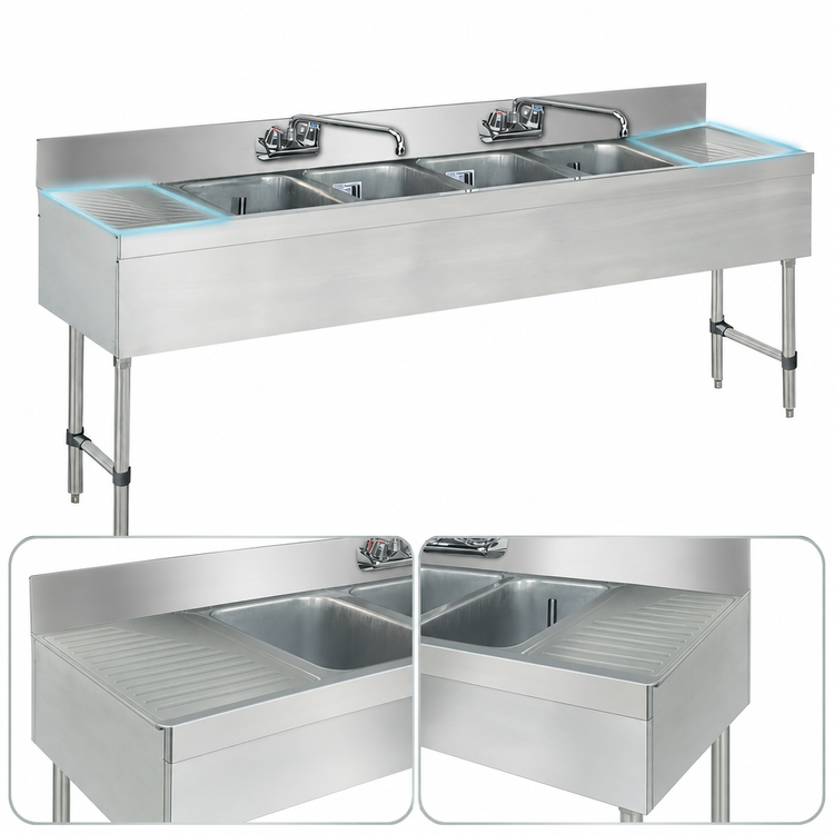 Product image #4 for Advance Tabco Special Value Series 72-Inch 4-Compartment Stainless Steel Bar Sink with Left and Right Drainboards and Splash-Mount Faucets