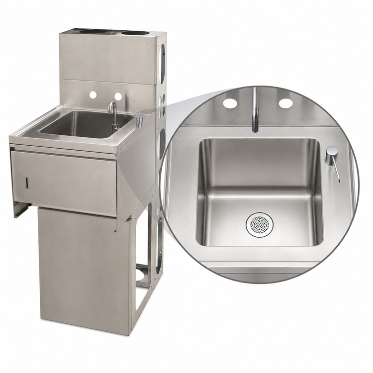 Product image #4 for BK Resources One-Compartment Underbar Dump Sink with 4-Inch Backsplash, Faucet, Soap Dispenser, Basket Drain and Towel Dispenser
