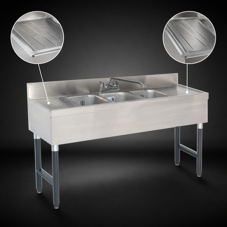 Product image #4 for Advance Tabco Special Value Series 3-Compartment Stainless Steel Bar Sink with Splash-Mounted Faucet and Dual Drainboards, 60 x 18 Inches