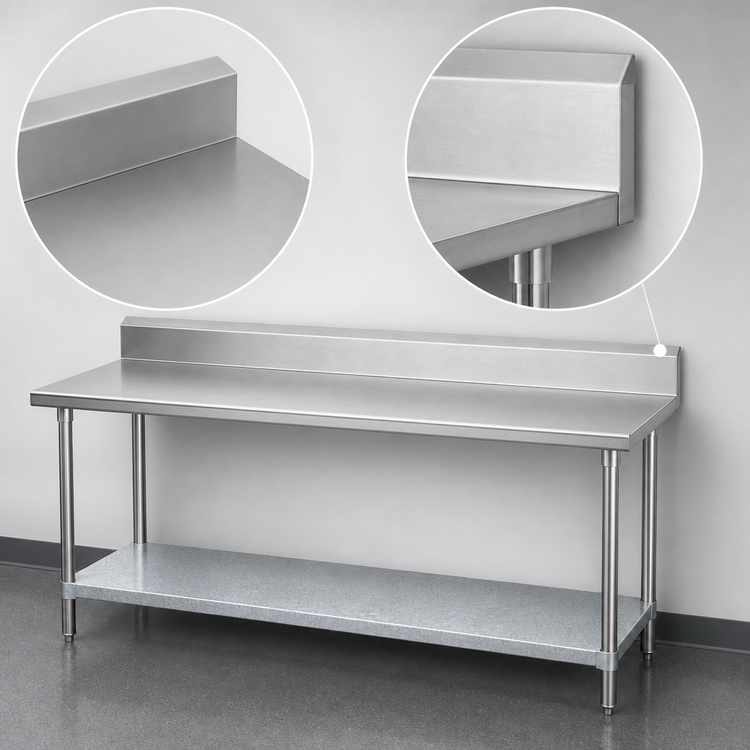 Product image #4 for Advance Tabco Premium Series 144-Inch x 36-Inch Work Table with 304 Stainless Steel Top, 5-Inch Backsplash, and Galvanized Undershelf
