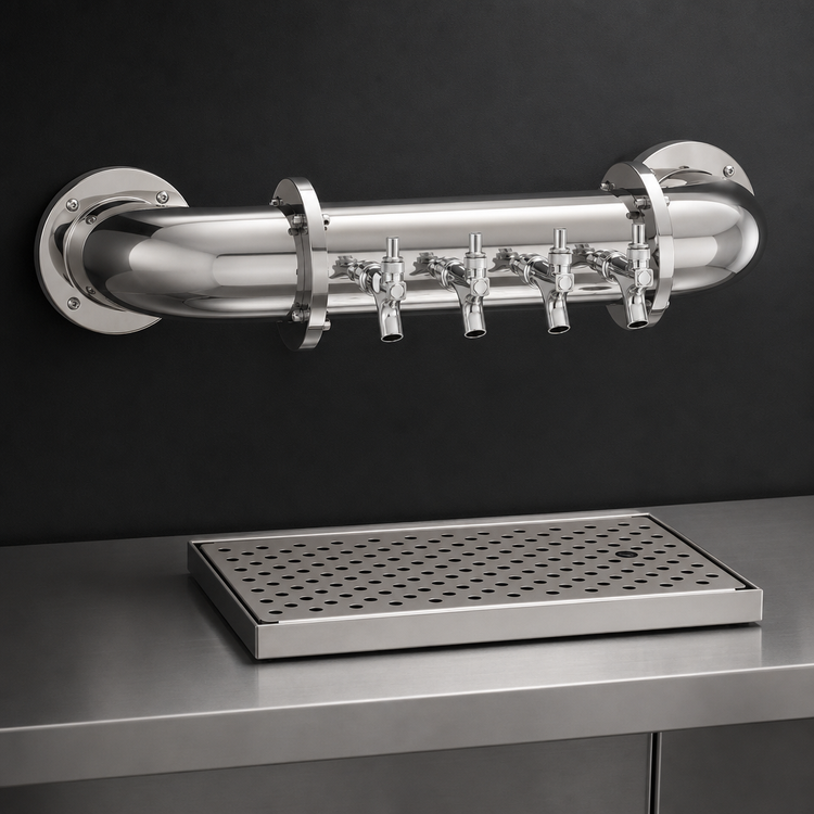 Product image #4 for Glastender Wall-Mounted Pipe Wall Draft Dispensing Tower, 4 Faucets, Glycol-Cooled, Mirror Finish