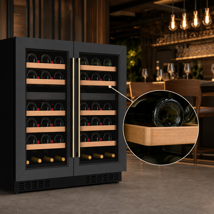 Product image #5 for KoolMore 2-Section Dual Zone Reach-In Wine Cooler with Glass Doors and Wooden Shelves