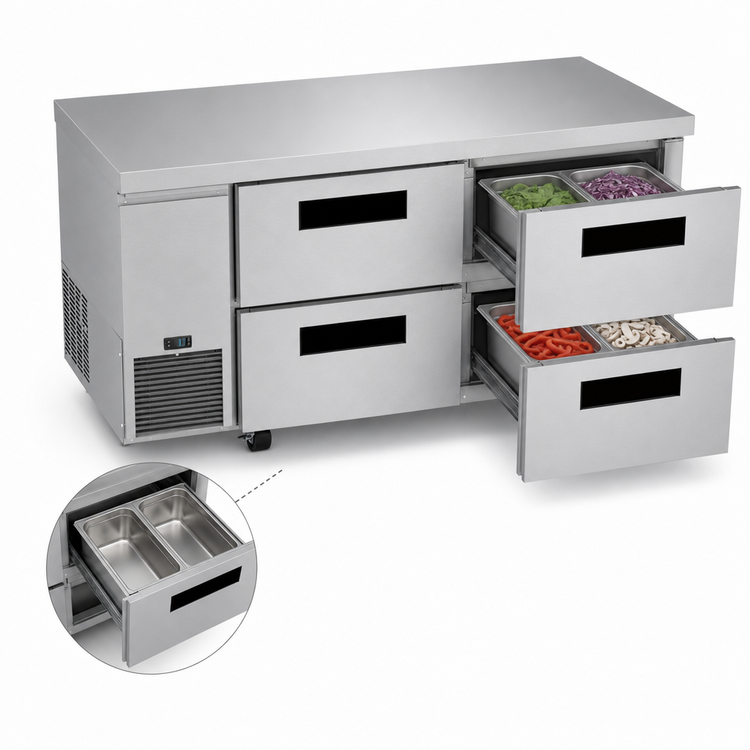 Product image #4 for Hoshizaki Steelheart 2-Section Undercounter Drawer Refrigerator, 67 Inch, 19.97 Cu. Ft., Self-Contained Side-Mounted Refrigeration