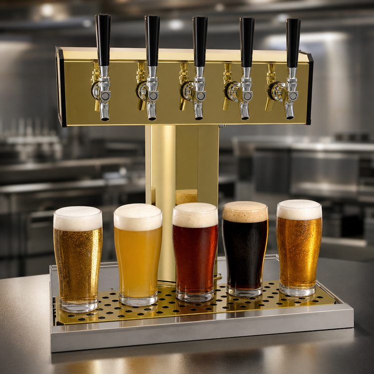 Product image #4 for Glastender Countertop Tee Draft Dispensing Tower with 5 Faucets, Air-Cooled, Polished Brass Finish
