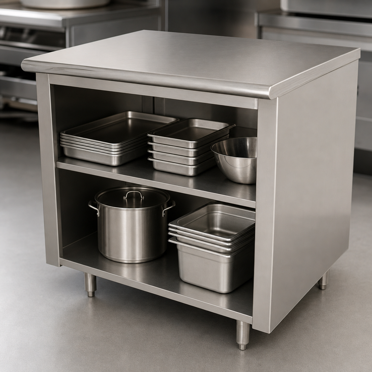Product image #4 for Advance Tabco 120-Inch x 30-Inch Open Front Cabinet Base Work Table With 14 Gauge 304 Stainless Steel Top